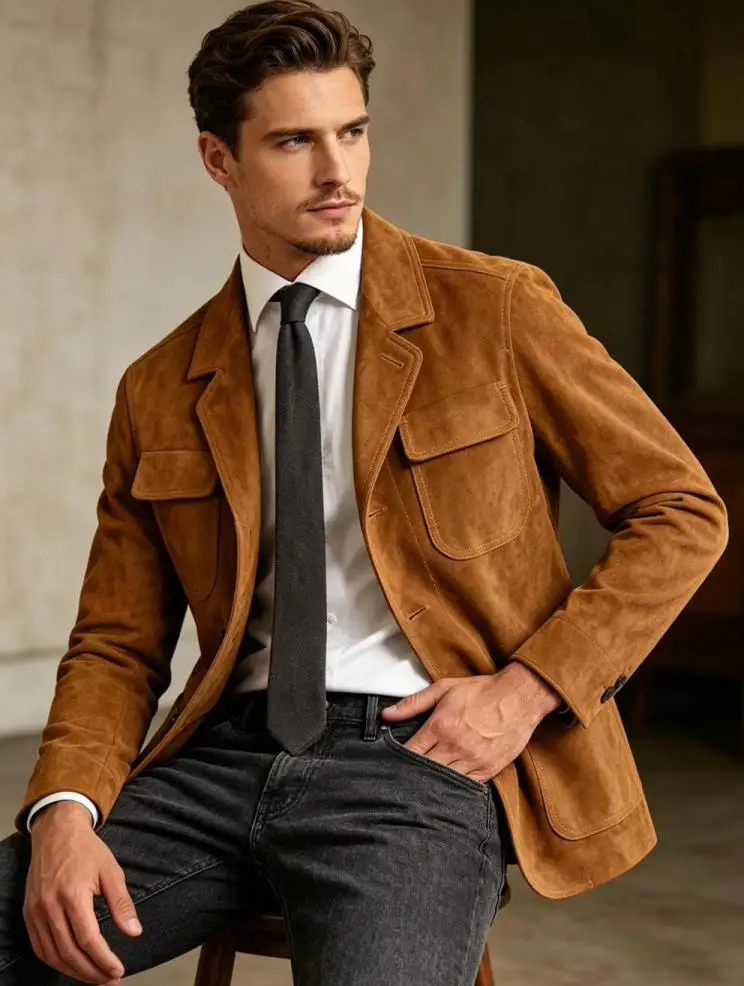 Classic Brown Men's Suede Safari Jacket Elegant Business Vintage Multi-Pocket Casual Blazer Casual Fashion Daily Wedding Party