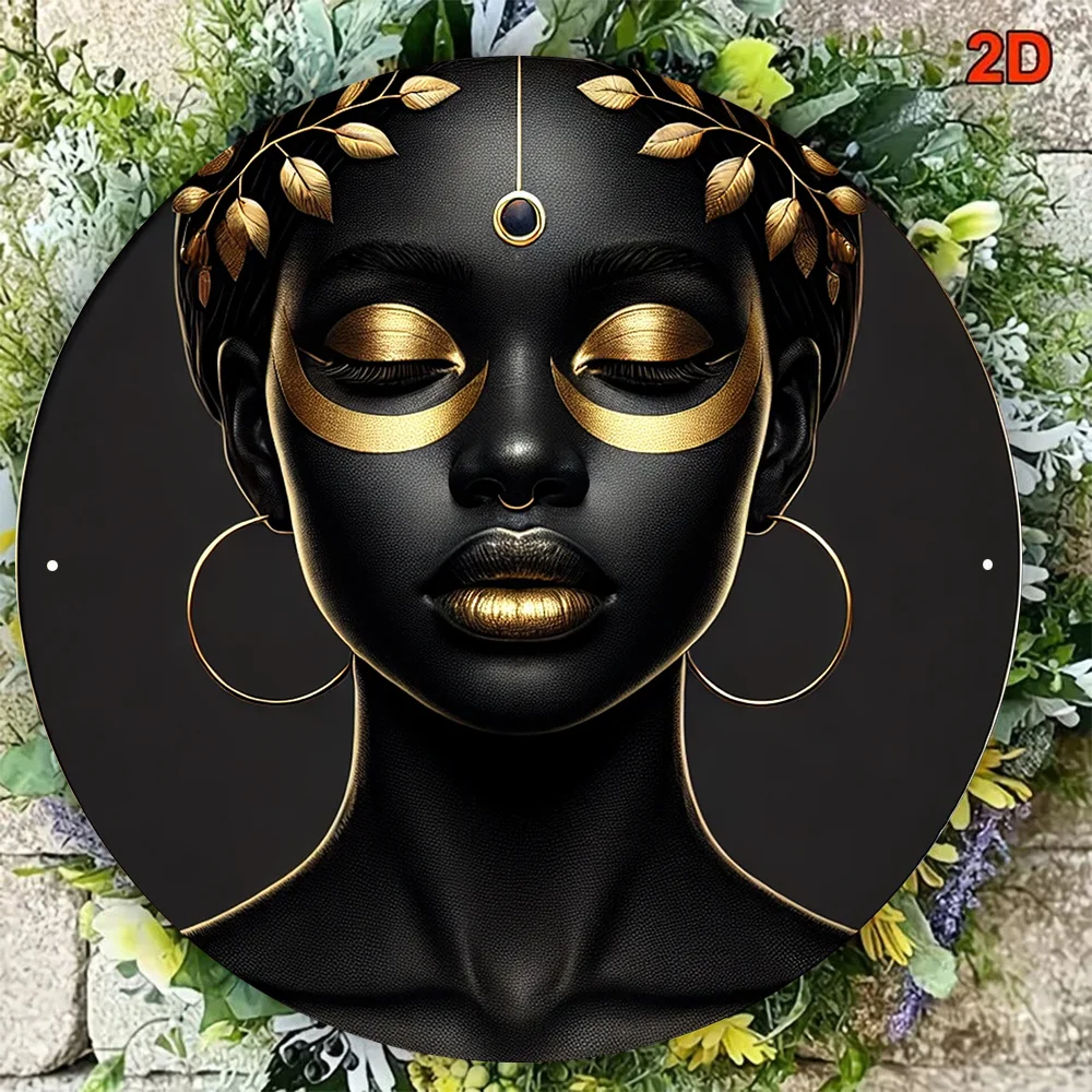 CIFBUY Retro Vintage African Goddess Woman Gold Makeup Round Tin Metal Sign Plaque Aluminum Wall Art Waterproof Durable Decor Fo
