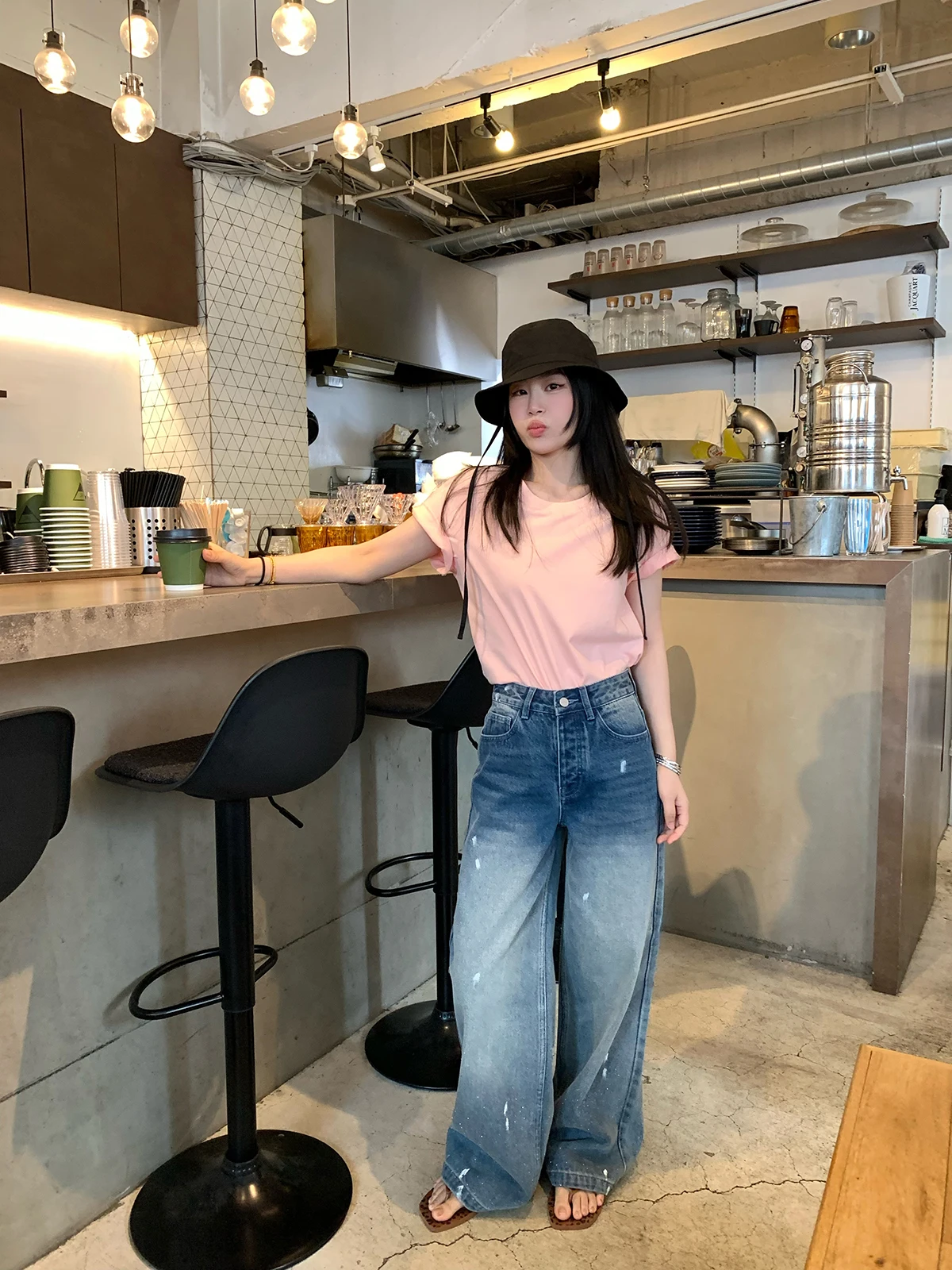 

Gradient Cotton Denim Jeans Graffiti Painter's Masterpiece Blingbling Long Trousers Women's Casual Loose Fit No Stretch