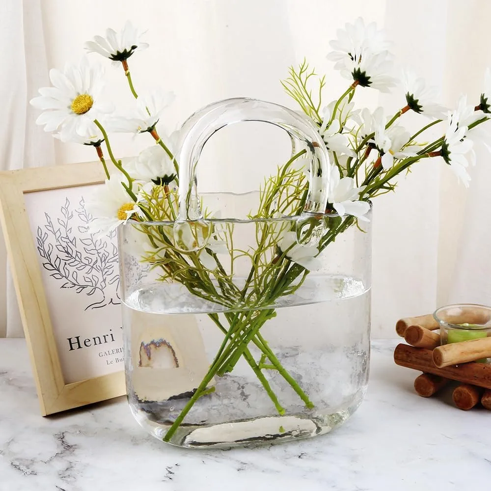 مجموعة مزهرية زهور زجاجية شفافة مكونة من 6 قطع - مزهريات زخرفية مصنوعة يدويًا للقطع المركزية الأنيقة