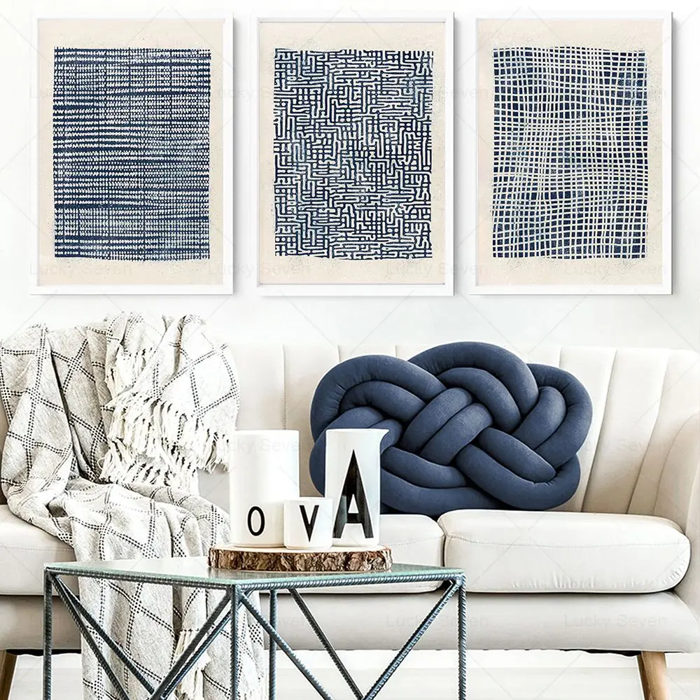 Navy Blue Abstract Modern Mid Century Wall Art Print Geometric Nordic Poster Lines Canvas Painting Decor Pictures Living Room