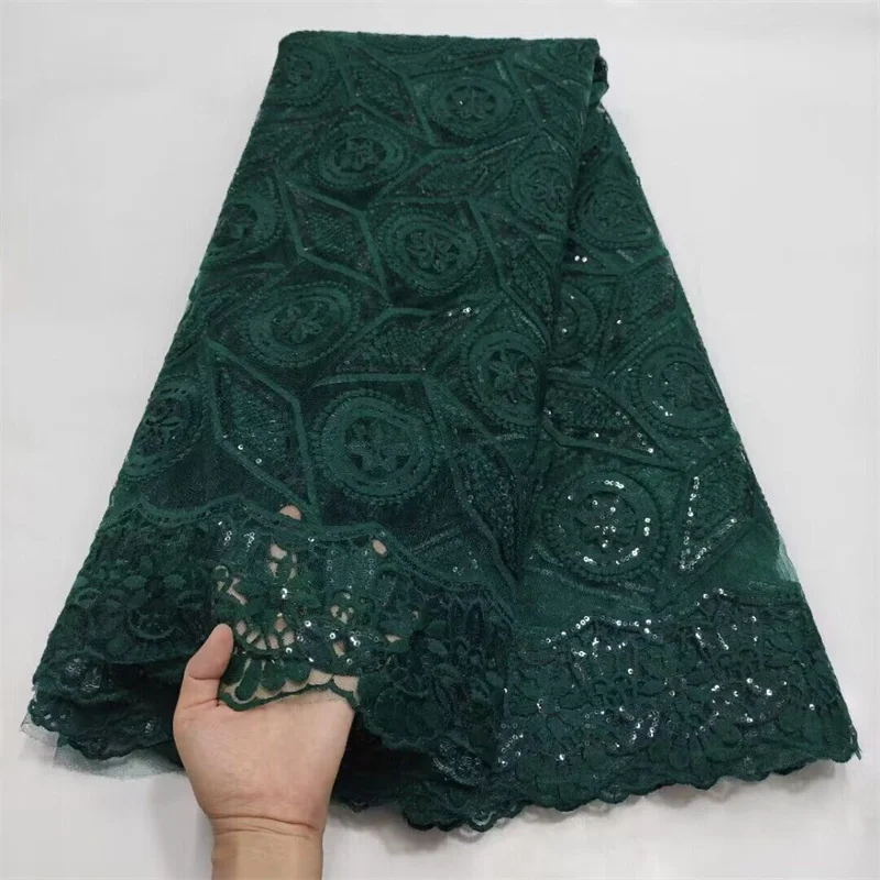 

High Quality African Lace Fabric 2024 Green French Net Sequins Fabric Sewing Embroidered Tulle Nigerian Lace Fabric 2.5Yards