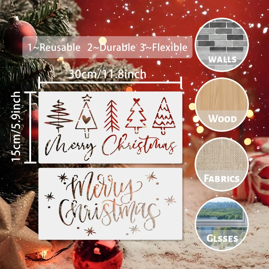 4PCS 5.9–11.8inch Christmas Stencil Set Merry Christmas Tree Letter Painting Templates for Wall Canvas Fabric DIY Craft Decorati