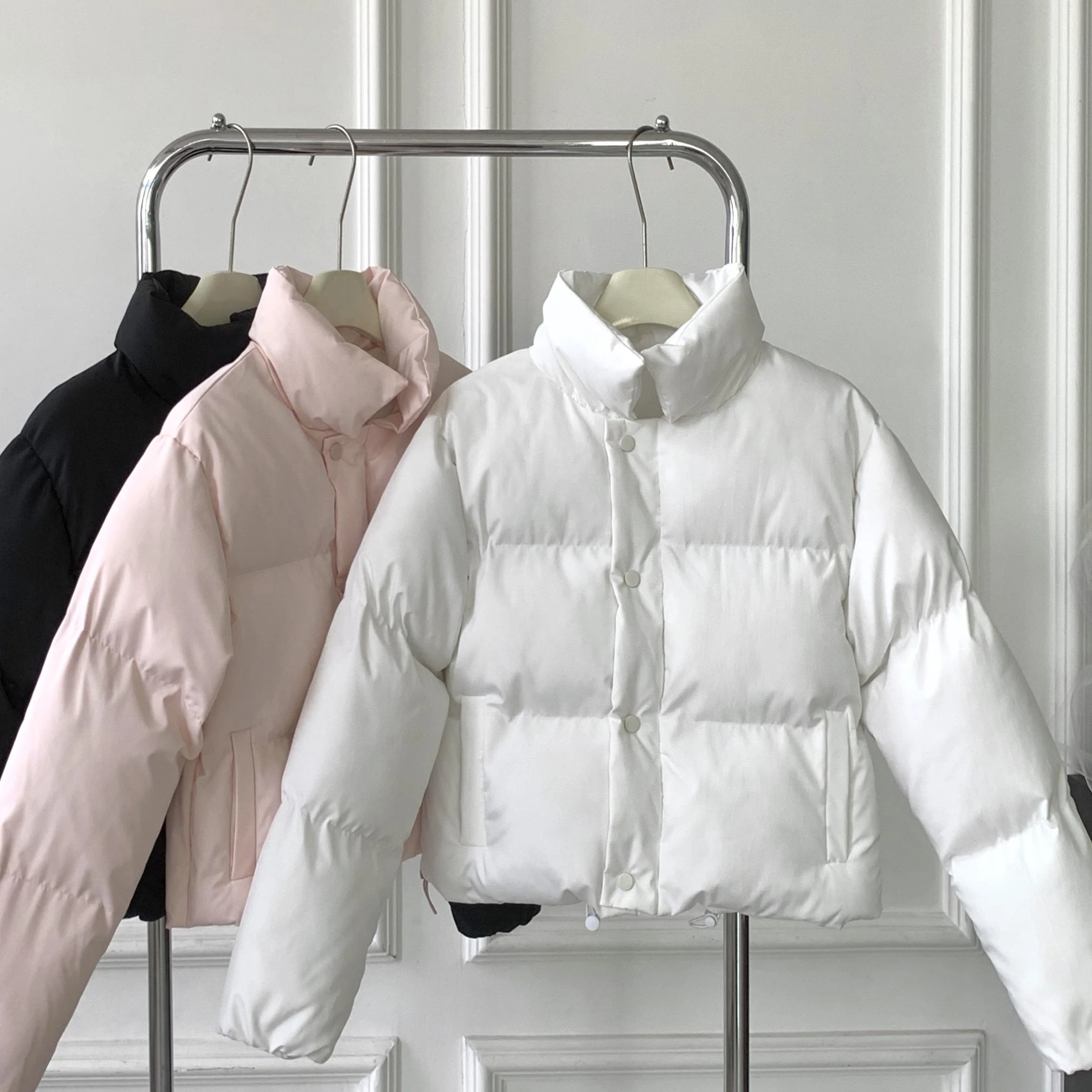 

Pink Cotton Jacket for Women 2025 New Winter Fashion Stand Collar Loose Short Cotton Coat Thicken Warm Female Outerwear