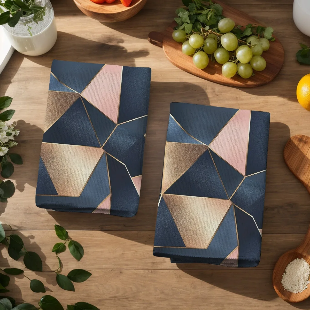 2 Buah Handuk Dapur Penyerap Lembut Handuk Piring Geometris Biru Merah Muda Kain Piring Kisi Dekorasi Liburan Kain Kering untuk Dapur