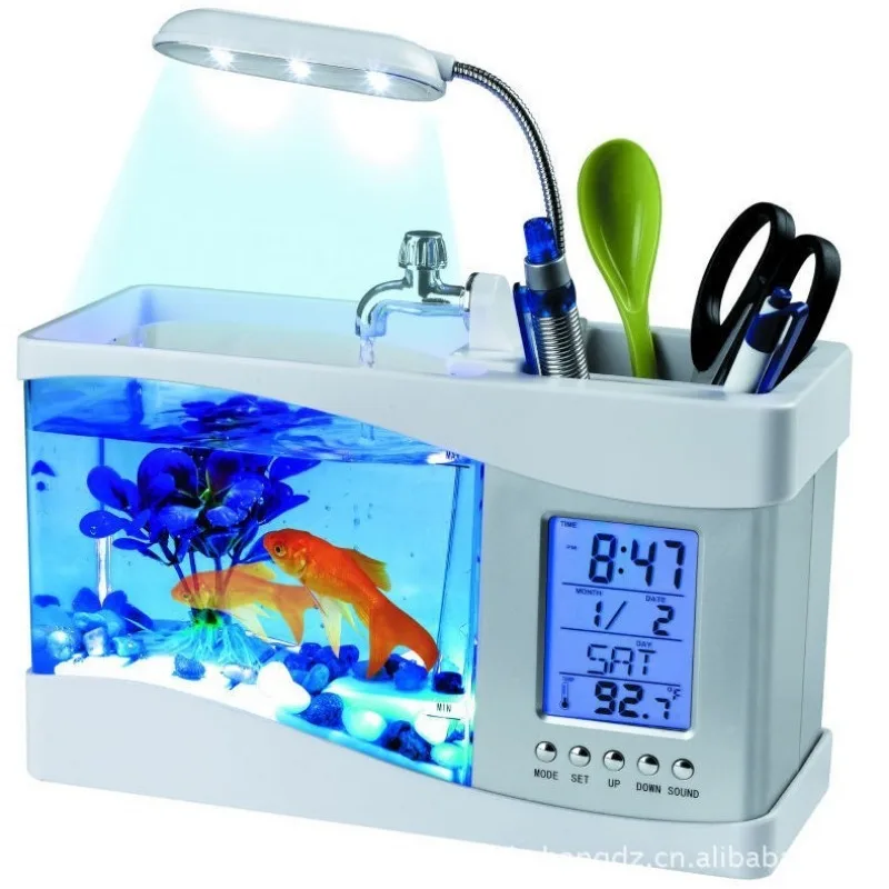 Desktop Mini Plastic Aquarium 1400ML, USB Powered Goldfish Tank, Small Household Turtle Breeding Tank
