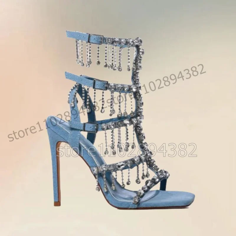 

Blue Denim Crystal Tassels Hollow Design Sandals Ankle Buckle Strap Women Shoes Thin High Heels Fashion 2023 Zapatos Para Mujere