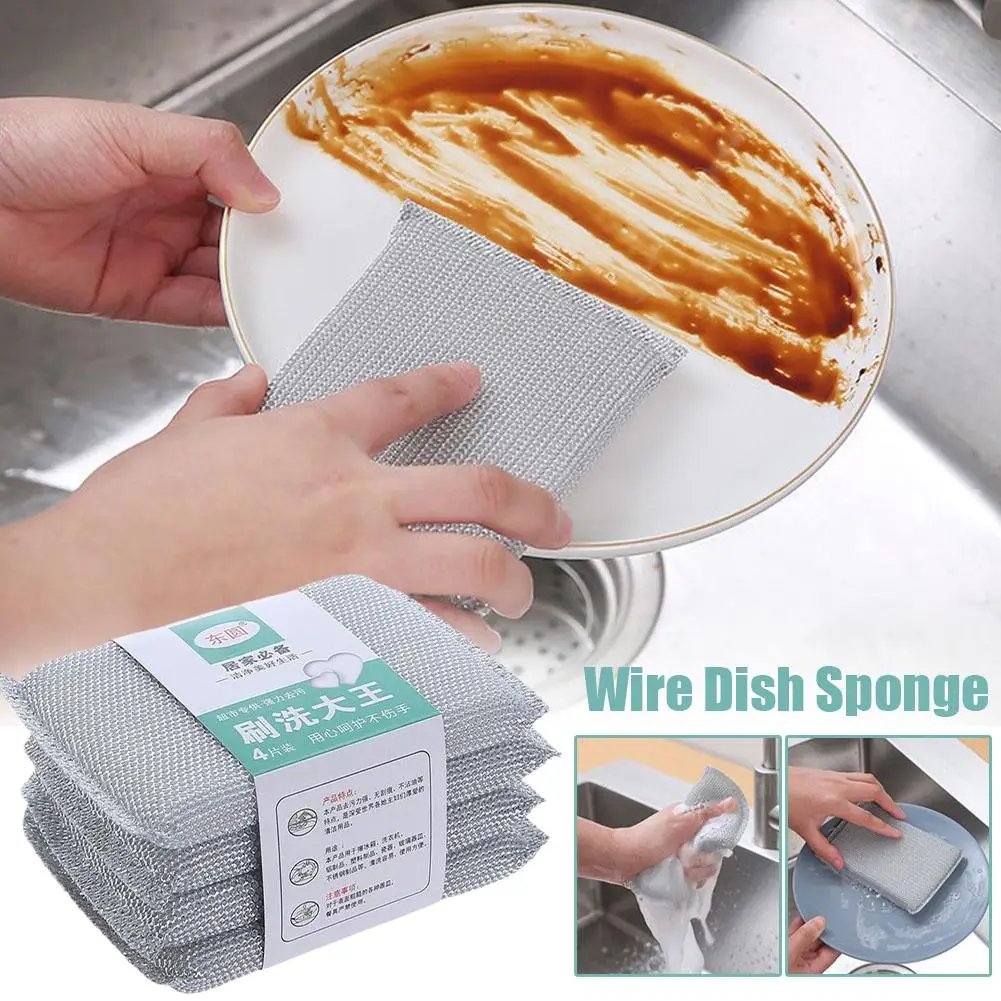 Thickened Metal Steel Wire Scrub Sponge Non-Stick Oil Kitchen Washing Brush Double Sided Reusable Scouring Pad