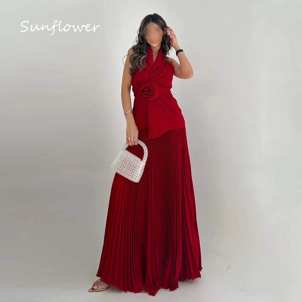 Sunflower Wine Red V-Neck 3D Flowers Pleat Mermaid Prom dress 2024 Slim Crepe Ocassion Gown Ankle-Length Formal Evening Dress