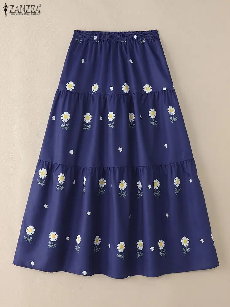2025年 ザンゼア 秋 カジュアル エラスティックウエスト スカート おしゃれ レディース スカート ヴィンテージ ホリデー 花柄プリント ファルダス サイヤ Aライン ミディ丈 ローブ