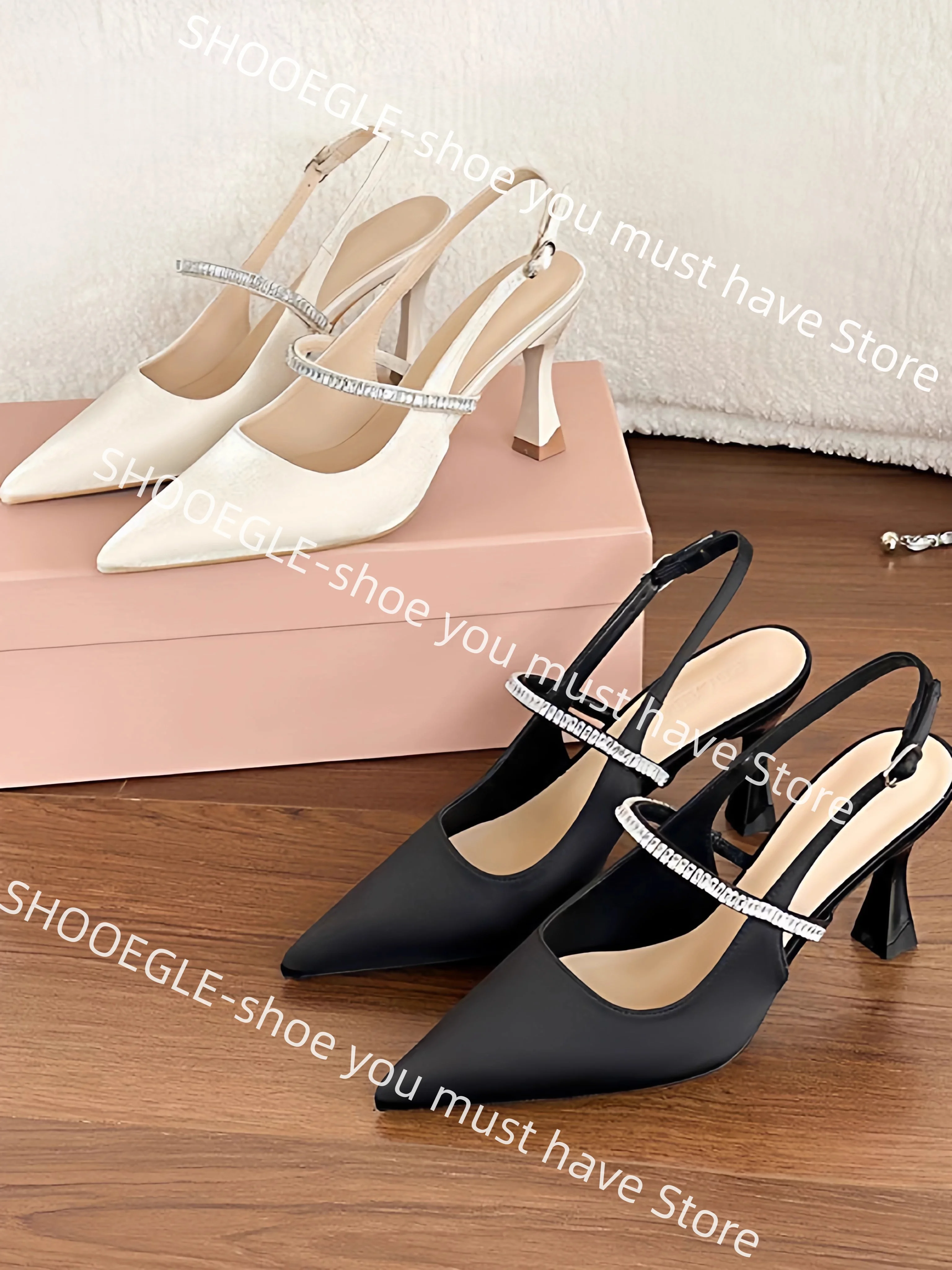 Women Satin Pointed-Toe Slingback Stiletto Heels Crystal Strap Detail Elegant Design Luxurious Classic Ladies Dress Office Shoes