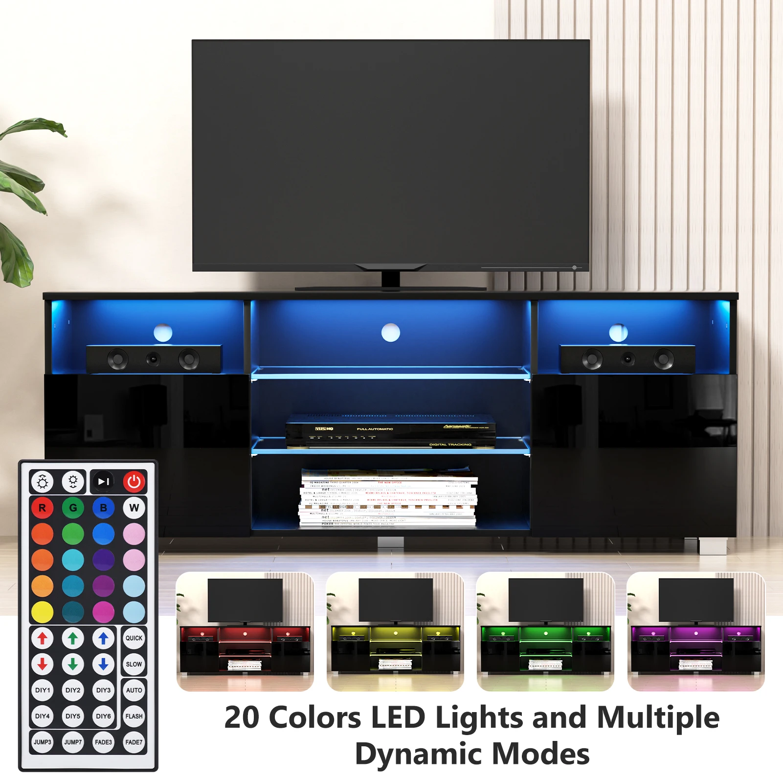 Supporto TV LED per TV da 55 pollici, centro di intrattenimento moderno con ripiani, mobile TV lucido per soggiorno