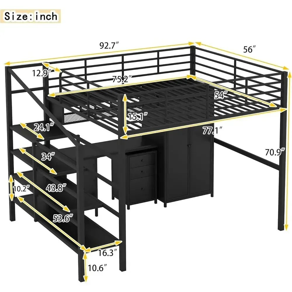 Industrial Style Metal Loft Bed with Stairs, Desk, Wardrobe, and Cabinet, Black
