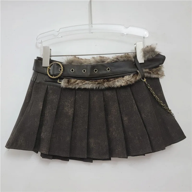 2025 Autumn and Winter Design Personalized and Fashionable American Low Waist Fur Patchwork Belt Pleated Skirt Short Skirt