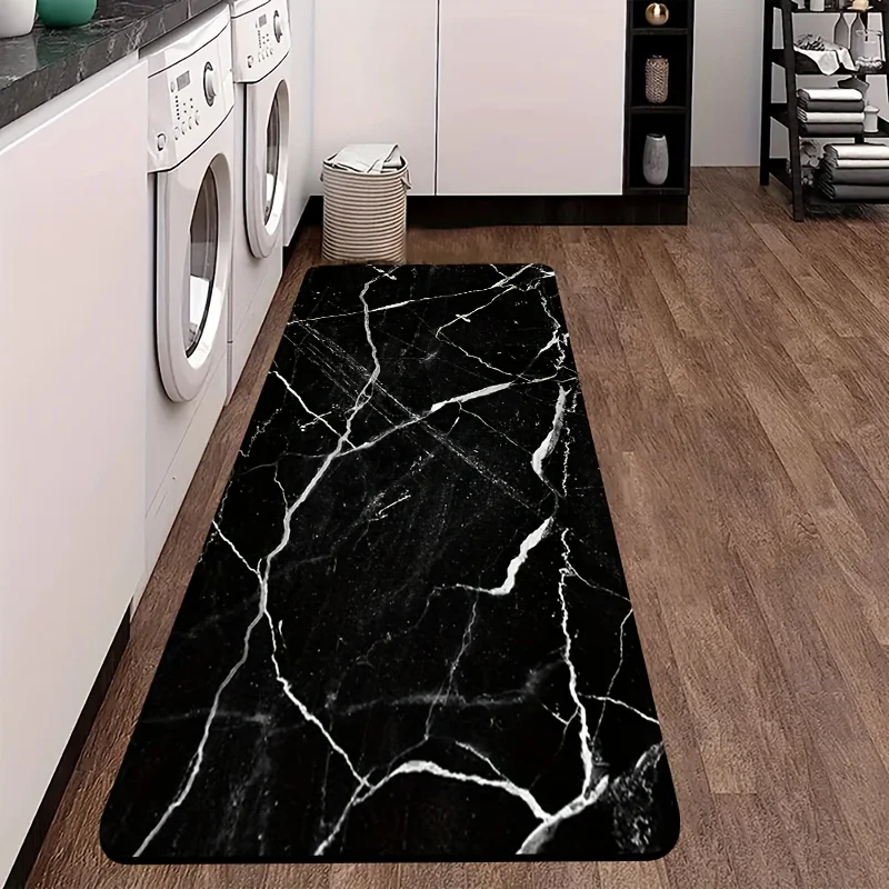 Elegant Black Marble Pattern Kitchen Mat, Non-Slip Oil-Proof Waterproof Stain Resistant Long Floor Rug for Modern Home Decor