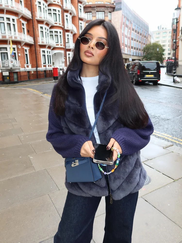 Kunstpelz-Patchwork-Damen-Wintermantel, luxuriöser Stehkragen, Reißverschlussjacke, Spleißen, Strickärmel, Oberbekleidung, 2025, neue Damenmäntel