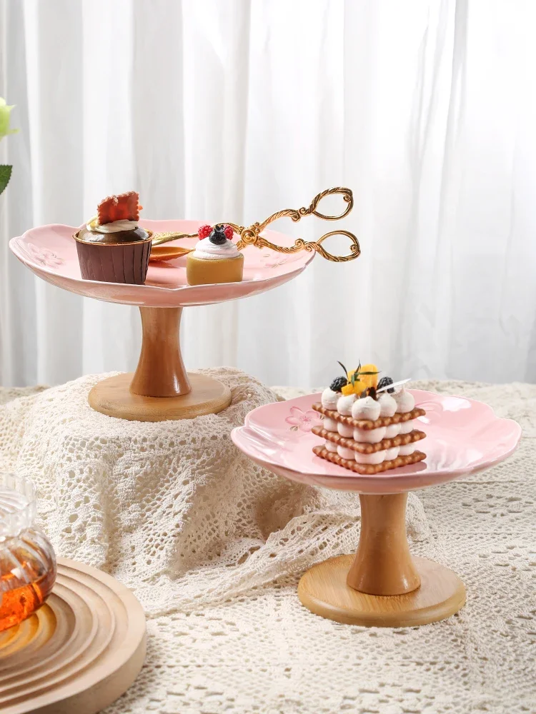 Dessert Table Display Stand Ceramic Pink round Pastry Tray Afternoon Tea Cake Dim Sum Rack Desktop Decoration Home Compote 1Pc