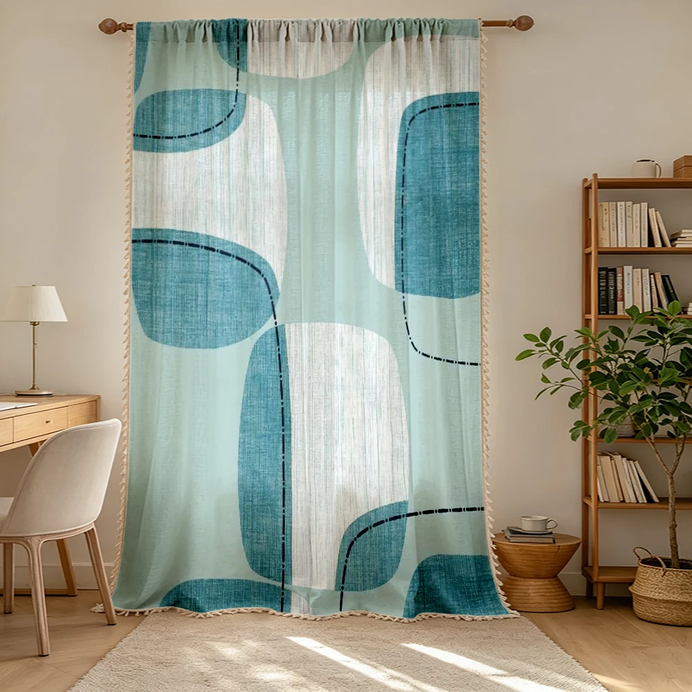 1PC Abstract Tassel Sheer Curtains, Blue Green Organic, Digital Print, Polyester, Bedroom Living Room, Rod Pocket Home Decor