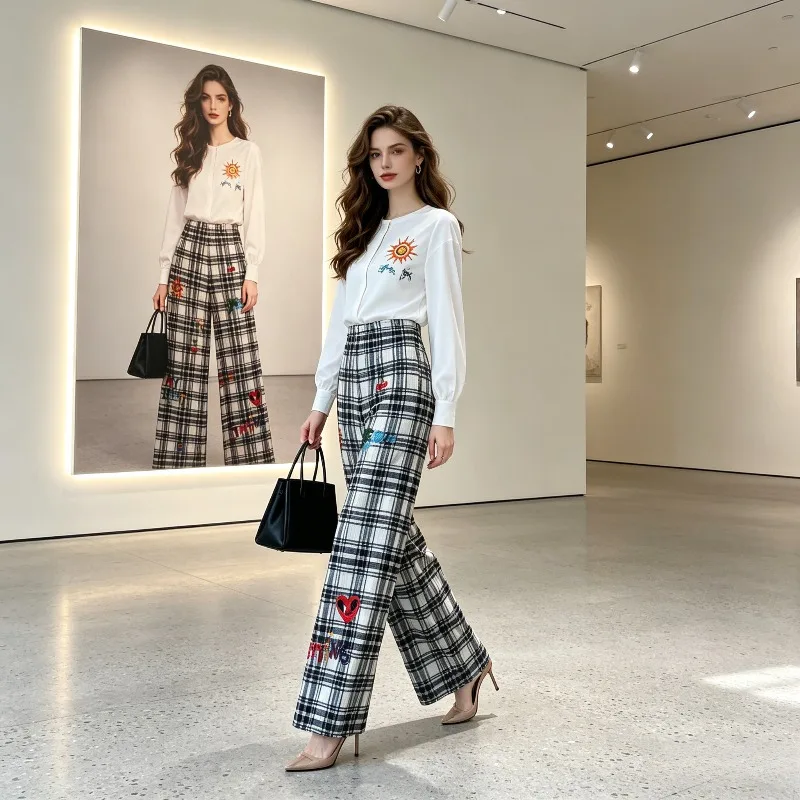 

Новые плиссированные брюки Miyake в американском стиле с граффити и клетчатым принтом, женские, с высокой талией, прямые, широкие штанины, коллекция Лето 2026