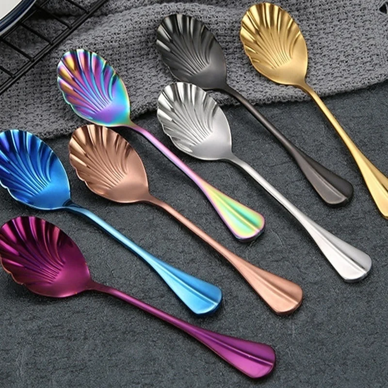 Shell Shape Stainless Steel Spoon with Long Handle Restaurant Dessert Spoon Ice Cream Scoops Kitchen Accessories  Tiny Spoon