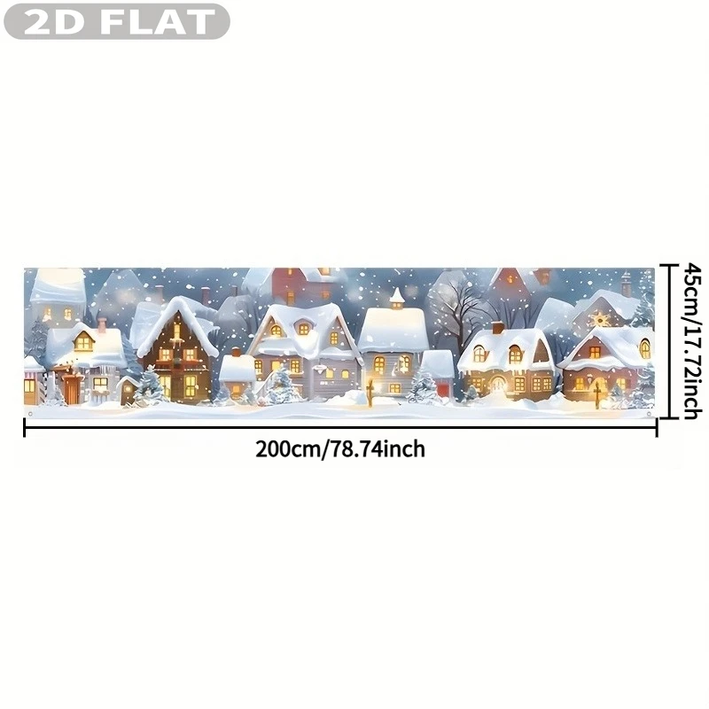 2D FLAT 1 pc Holiday Christmas Theme Party Photo Booth Props Banner -18x79 Inch Polyester, Featuring Christmas House And Snow