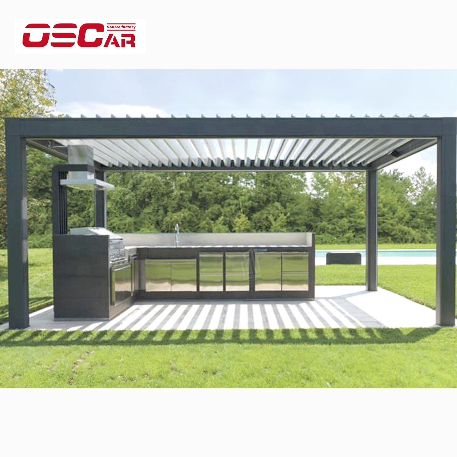 Luxury Modern Bioclimatic Motorized Aluminium Outdoor Vented Awing Retractable Roof Gazebos Part With Sun Shade Louvered Pergola