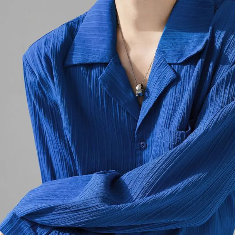 

Commute Folds Texture Sensation Blouse Loose Korean Solid Color Female Spring Autumn Tailored Collar Basic Neutral Pockets Shirt