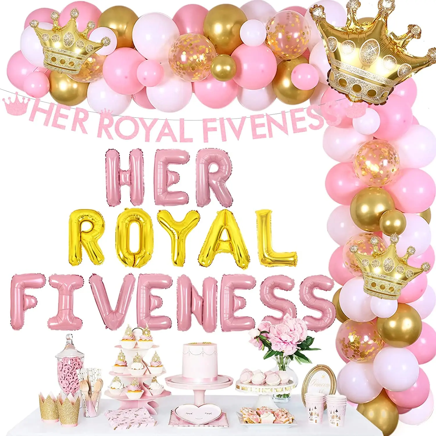 

Funmemoir Her Royal Fiveness 5th Birthday Decorations for Girls Pink Princess Crown Balloon Garland Kit Glitter Banner Supplies