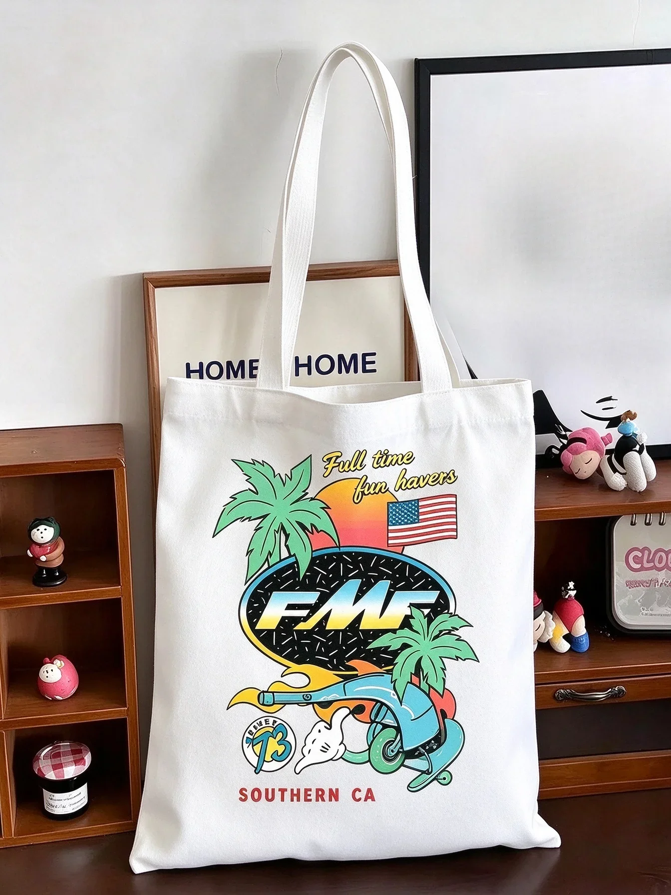 2026 Canvas Tote Bag Retro Southern CA Palm Tree Skateboard Print Shoulder Handbag Casual Reusable Shopping Bag