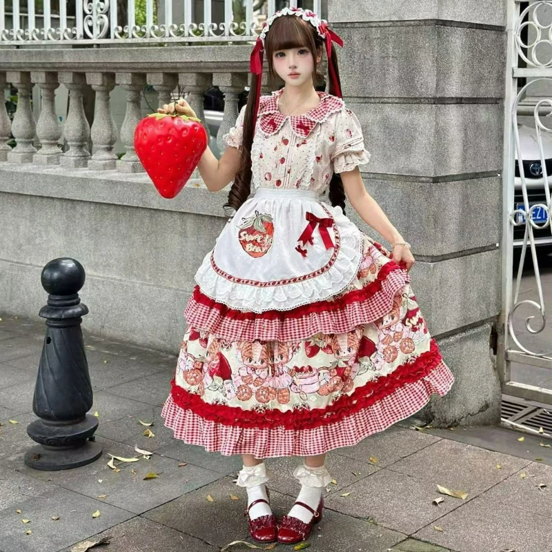 

Japanese Sweet Lolita Dress Women Elegant Bow Peter Pan Collar Strawberry Print Party Dresses Kawaii with Apron Birthday Dresses
