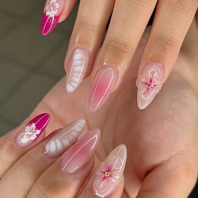 French Tip Press on Nails Medium Almond Flower Fake Nails Pink Acrylic Nails Charms Designs False Nails 3D Cute Full Cover Nail