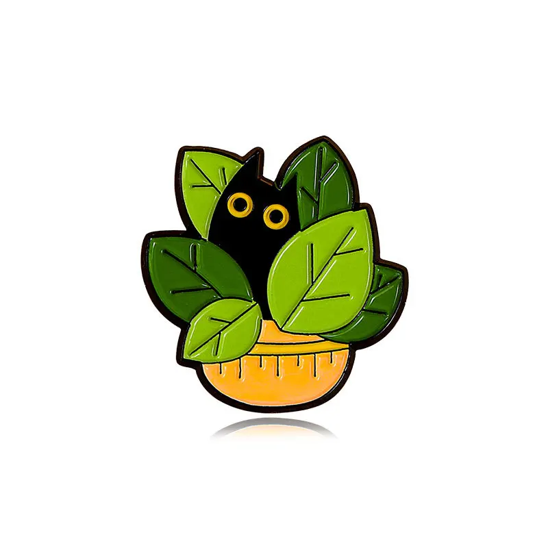 

1pc Black Cat in Potted Plant Brooch - Minimalist Enamel Pin with Vibrant Green Leaves & Orange Pot