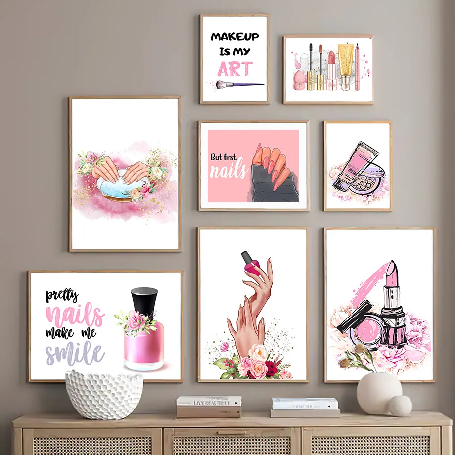 Nail Salon Nordic Posters And Prints Nail Polish Wall Art Mural Makeup Tools Lipstick Manicure Canvas Painting Beauty Room Decor