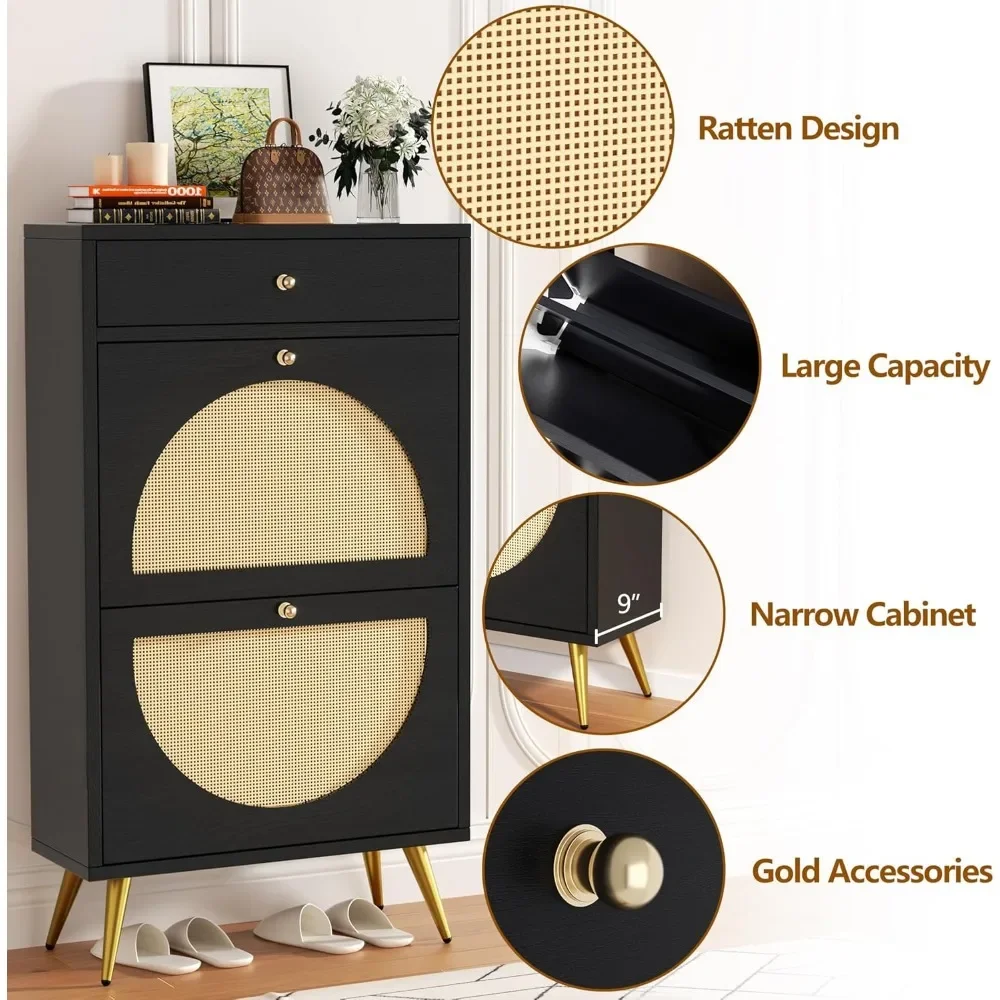 Rattan Shoe Cabinet 4 Flip Door , Freestanding Shoe Rack Storage Organizer with 3-Tier Adjustable Shelves，Shoe Rack image 4