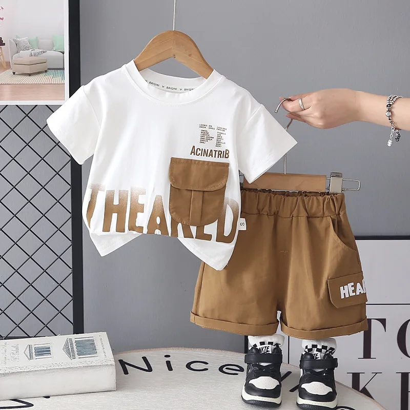 Toddler Summer Outfits 2026 New Baby Boy Clothes Casual Letter Pocket Short Sleeve T-shirts and Shorts Two Piece Set Kids Suit