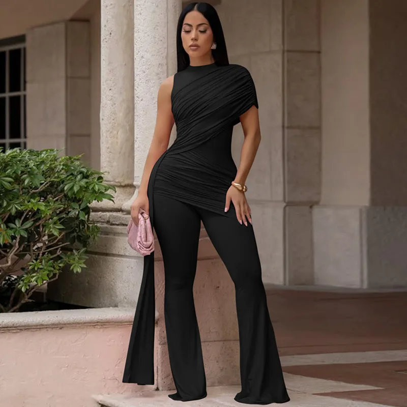 Doyerl Solid Elegant One Sleeve Women's Jumpsuits and Rompers Flare Pants Ruched Bandage Party One Piece Club Outfits Overalls - Image 5