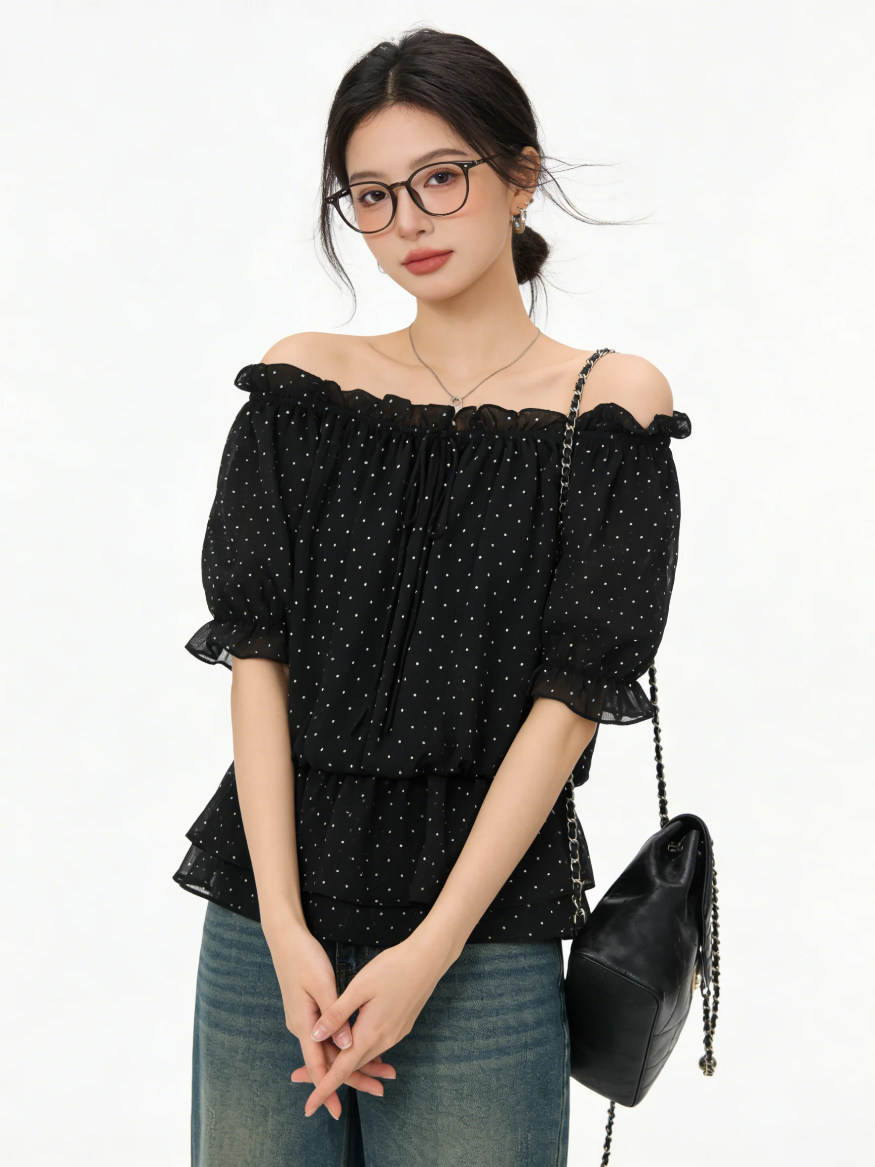 

Korean Style Polka Dot Bubble Sleeve Shirt Waist Cinched One Shoulder Sweet Summer Top Women's Fashion Breathable Short Sleeve