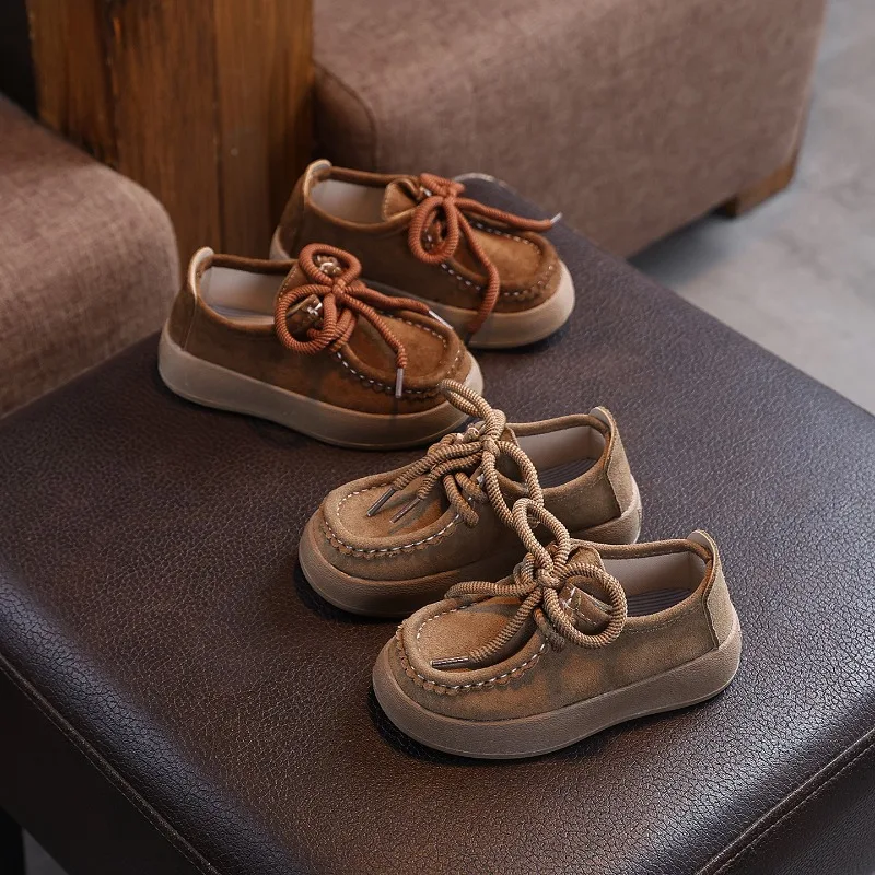 

Children Casual Shoes Retro Soft Sole Kids Leather Shoes Round Toes 2025 New Fashion Boys Girls Flat Shoes Classic British Style