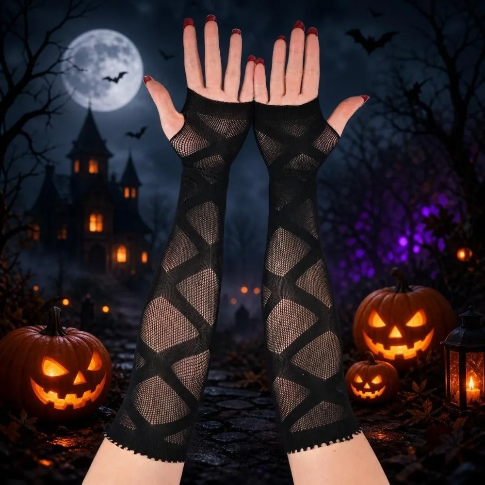 Star Fishnet Long Mesh Gloves Hollow-Out Black Half-Finger Lace Mittens Performance Dance Arm Sleeves Mesh Fishnet Gloves