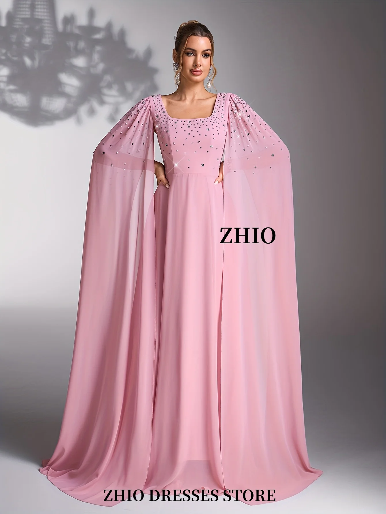 فستان حفلات نسائي من ZHIO برقبة مربعة وأكمام طويلة فاخر مطرز بالخرز كريستال سويب تراين شيفون المملكة العربية السعودية مخصص