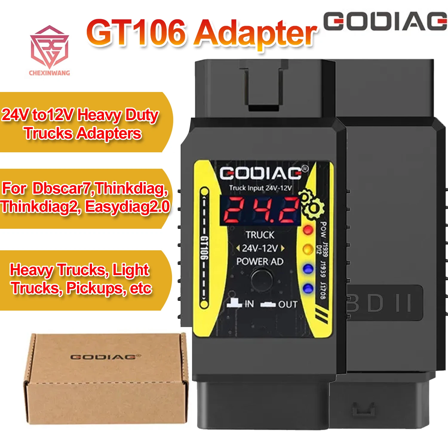 GODIAG GT106 24V to 12V K-line Heavy Duty Truck Adapter for X431 Easydiag/ Golo/IDIAG/ ThinkCar/ICarScan/Thinkdiag 2/DBScar II