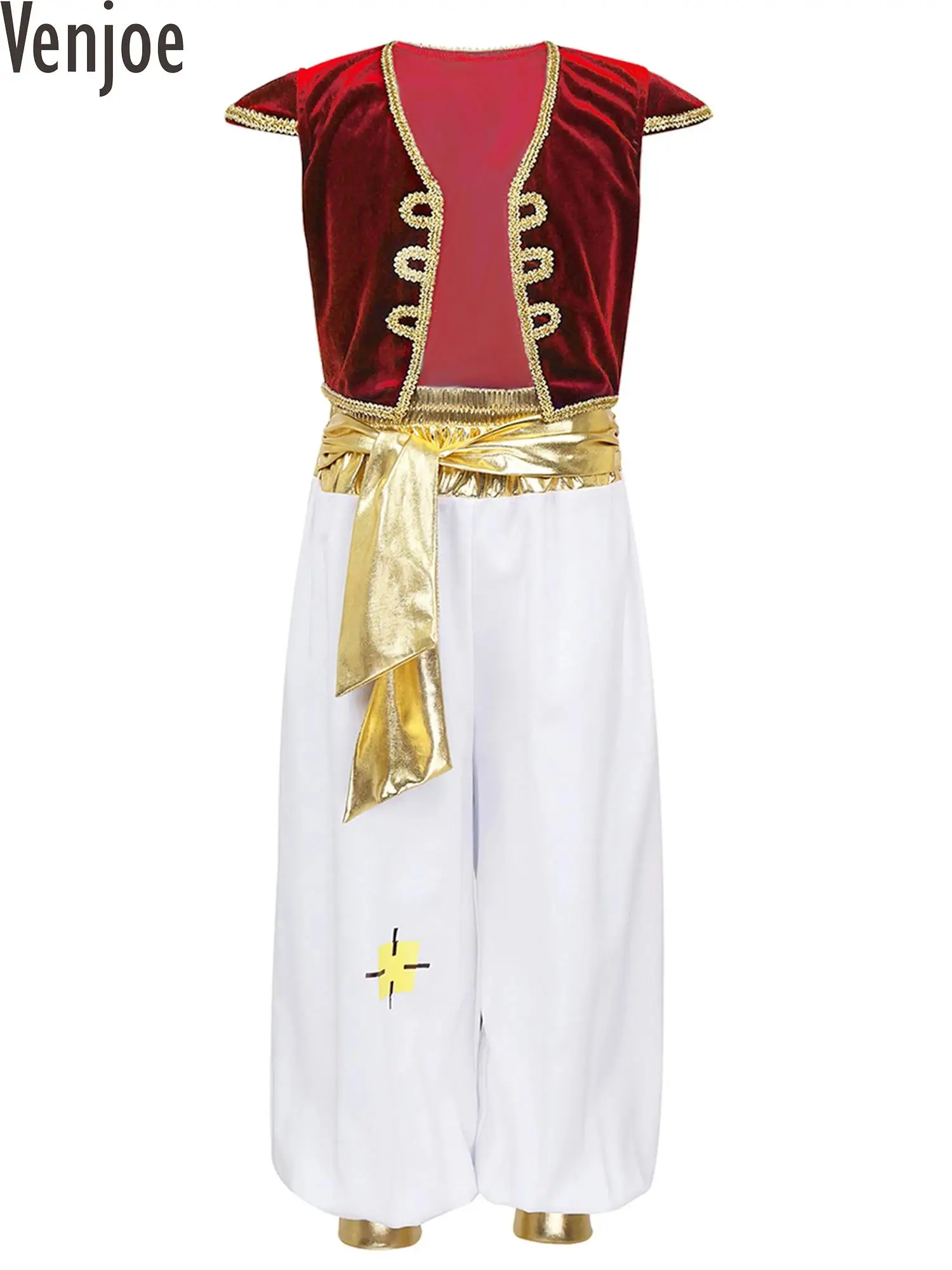 #4-16 Kids Boys Arabian Prince Lamp Cosplay Costume Cap Sleeves Vest Waistcoat with Pants Set Dress Up for Halloween Party