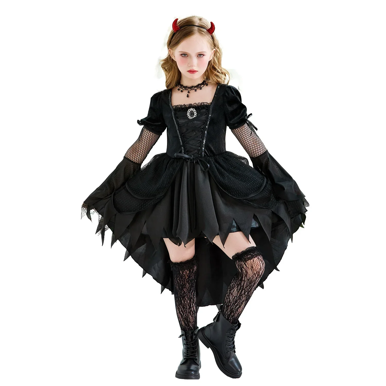2026 Halloween Girls Devil Vampire Witch Costume Gothic Irregular Dress With Horn Headband Kids Stage Cosplay Fancy Party Outfit