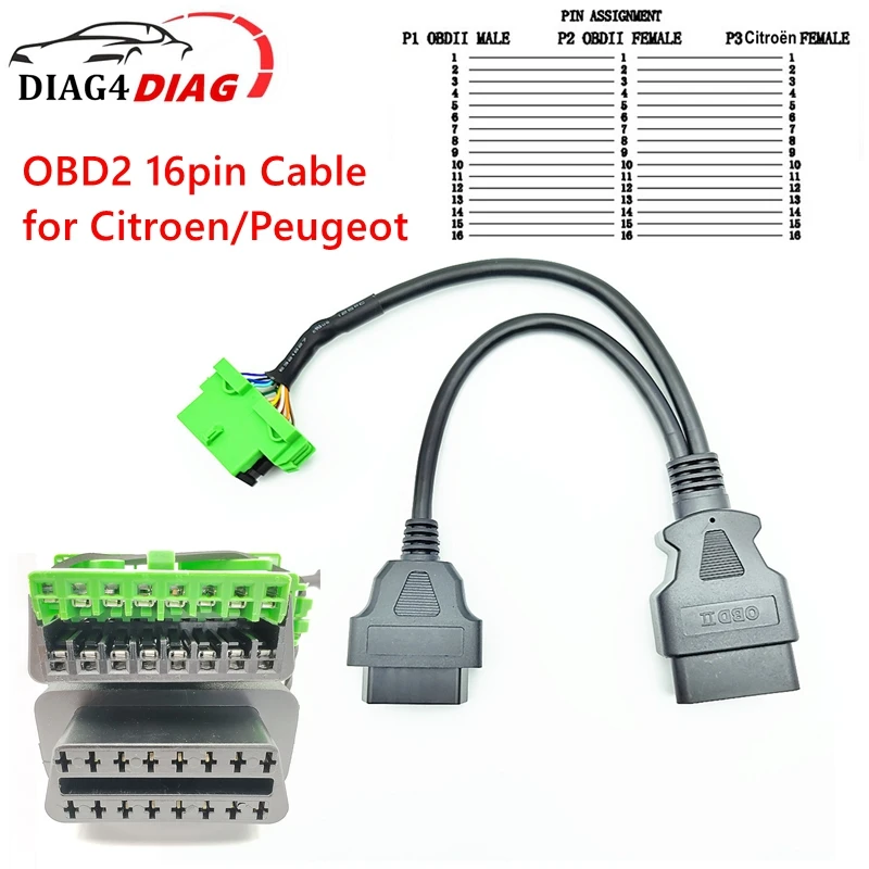 Best Quality 16pin OBD2 Extension Cable for Citroen/Peugeot one Male to Two Female Y Cable OBD2 16pin Connection Adapter