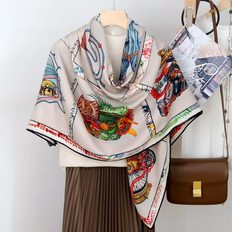 Double-Sided Wool Blanket Scarf Shawl Horses Print Womens Winter Warm Scarves Wraps 135*135cm