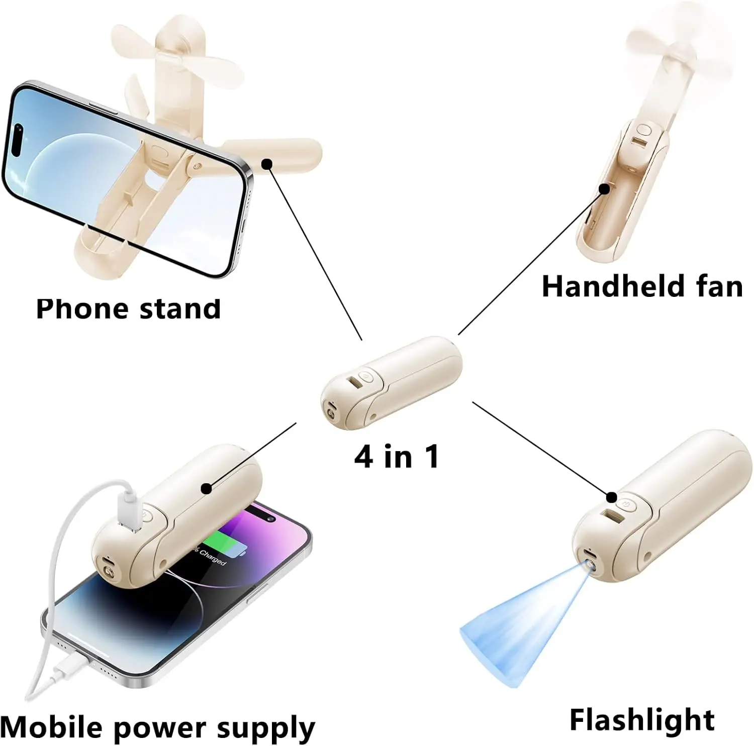 مروحة صغيرة محمولة 4 في 1 متعددة الوظائف USB قابلة للشحن مروحة جيب صغيرة مع بنك الطاقة مصباح يدوي حامل الهاتف الخليوي المحمولة