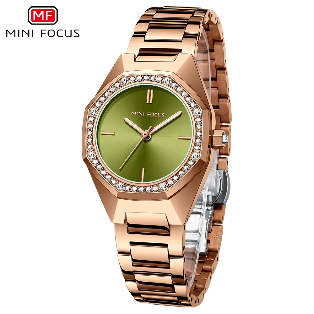 MINI FOCUS Simple Analog Quartz Watch Women Rose Gold Stainless Steel Strap Dress Wristwatch with Octagon Case Green Dial 0433