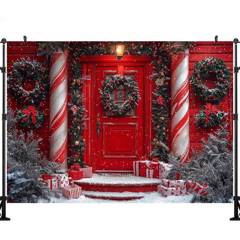 LS Christmas Photography Background Xmas Tree Wooden Door Wreath Holiday Decor Children Portrait Photo Backdrops Studio Props