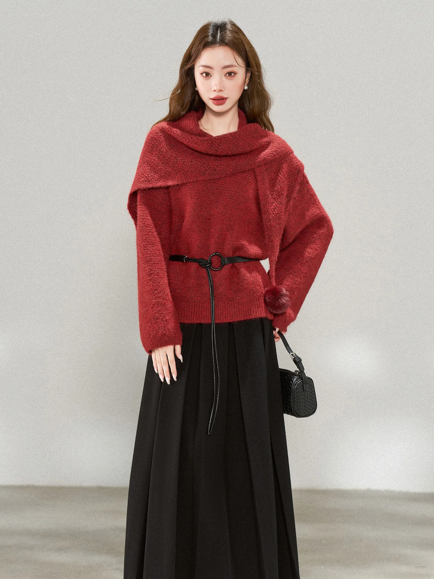 

New Year's Faion Set Women's Loose Knitted Sweater Autumn Winter New Sle f Skirt Tee-Piece Set Comfortable Warmth