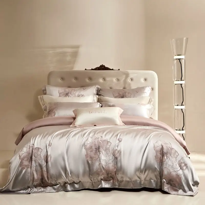 

Комплект постельного белья с цветочным жаккардом и цветными блоками, мягкий шелковистый пододеяльник из хлопка и лиоцелла, простыня на резинке, наволочки, 4 шт.